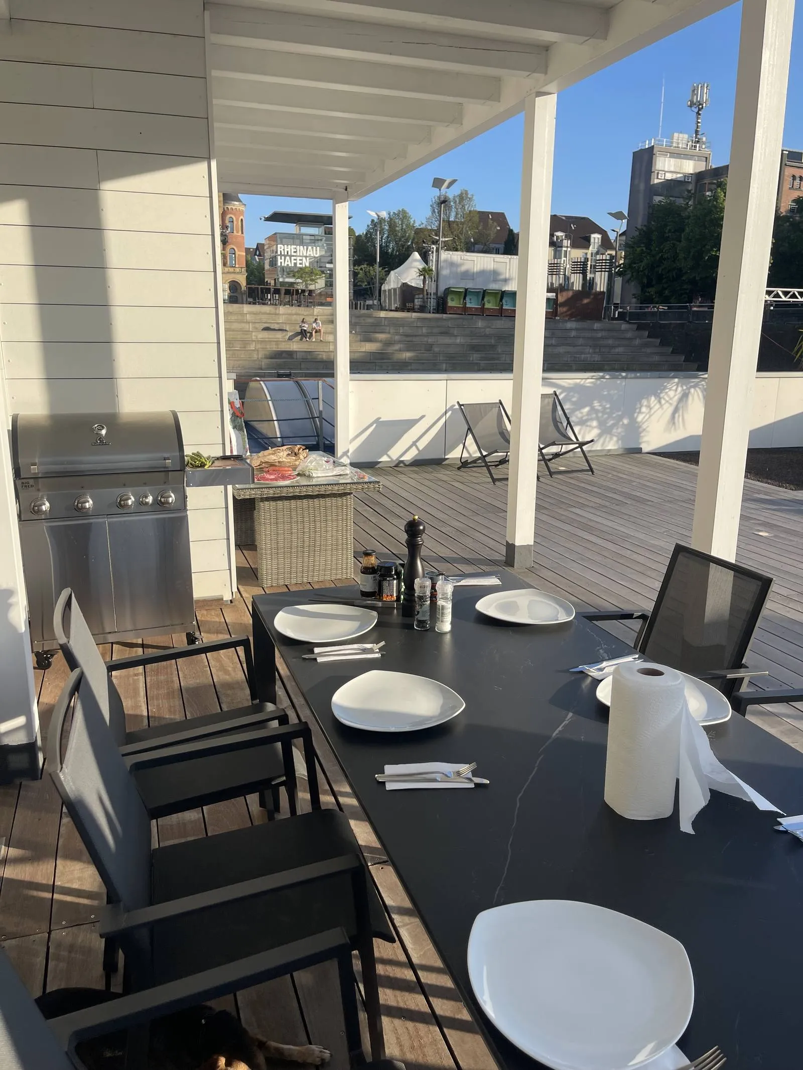 Gedeckter Esstisch, im Hintergrund der Gasgrill an der Wand